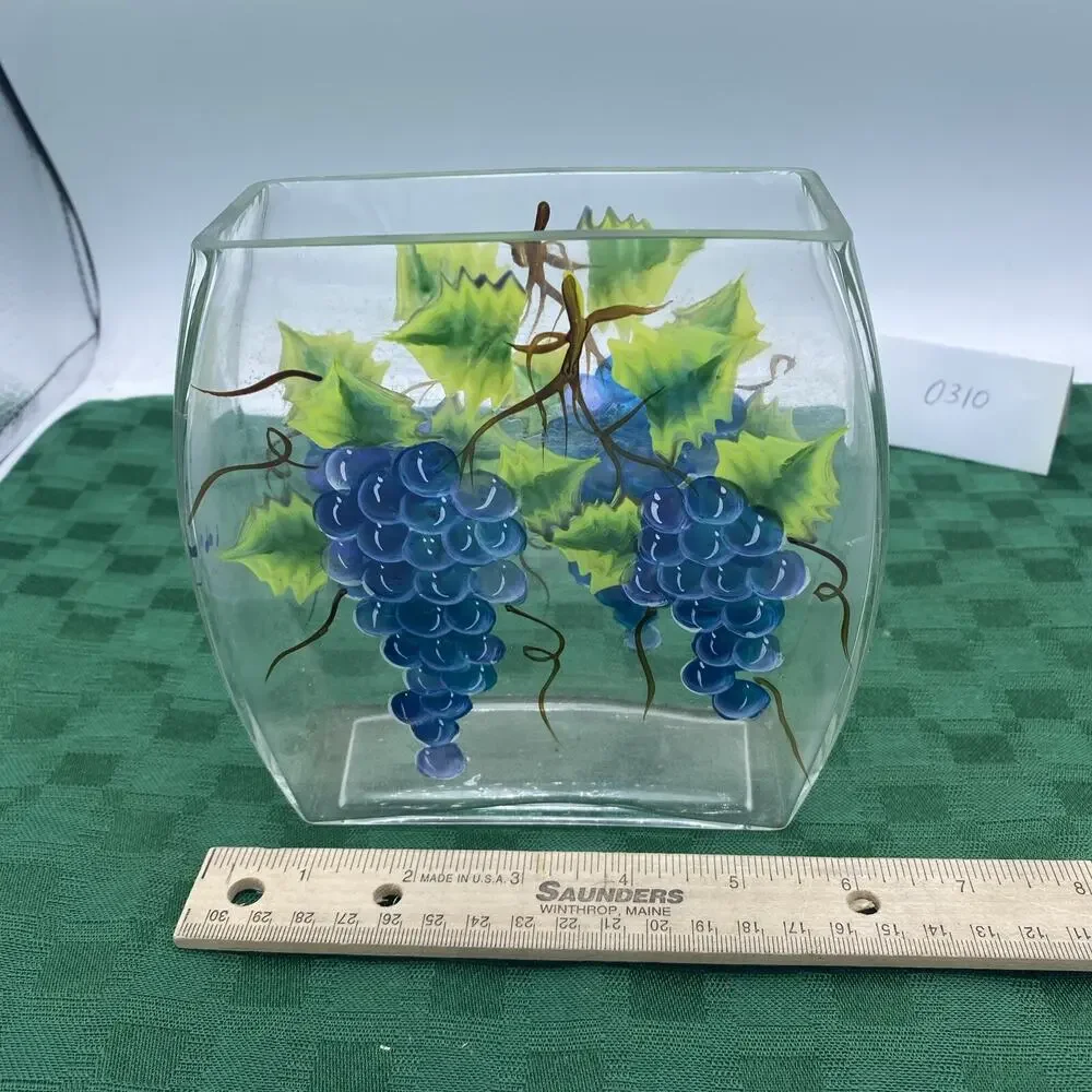 6” Hand Painted Grape Vines Vase Or Napkin Holder 6” Tall